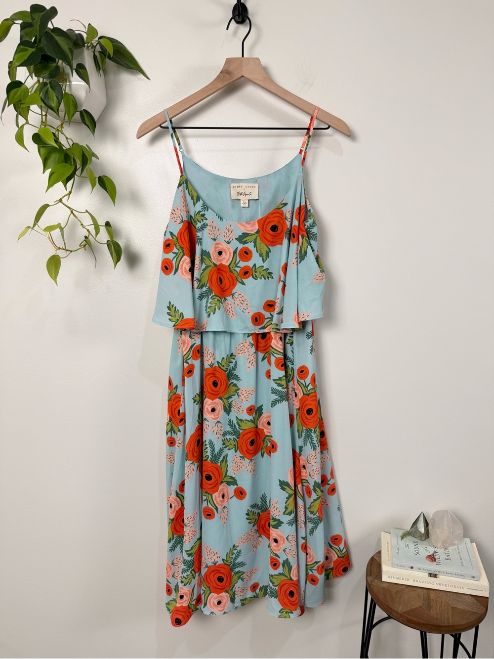 Anthropologie Paper Crown x Rifle Paper Co Poppy Field Dress Floral Blue Coral M